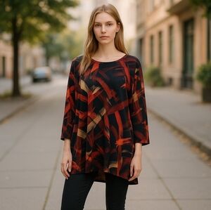 Womens Avenue Black Red Gold Festive Spandex Asymmetric Lined Top 26 28 3X